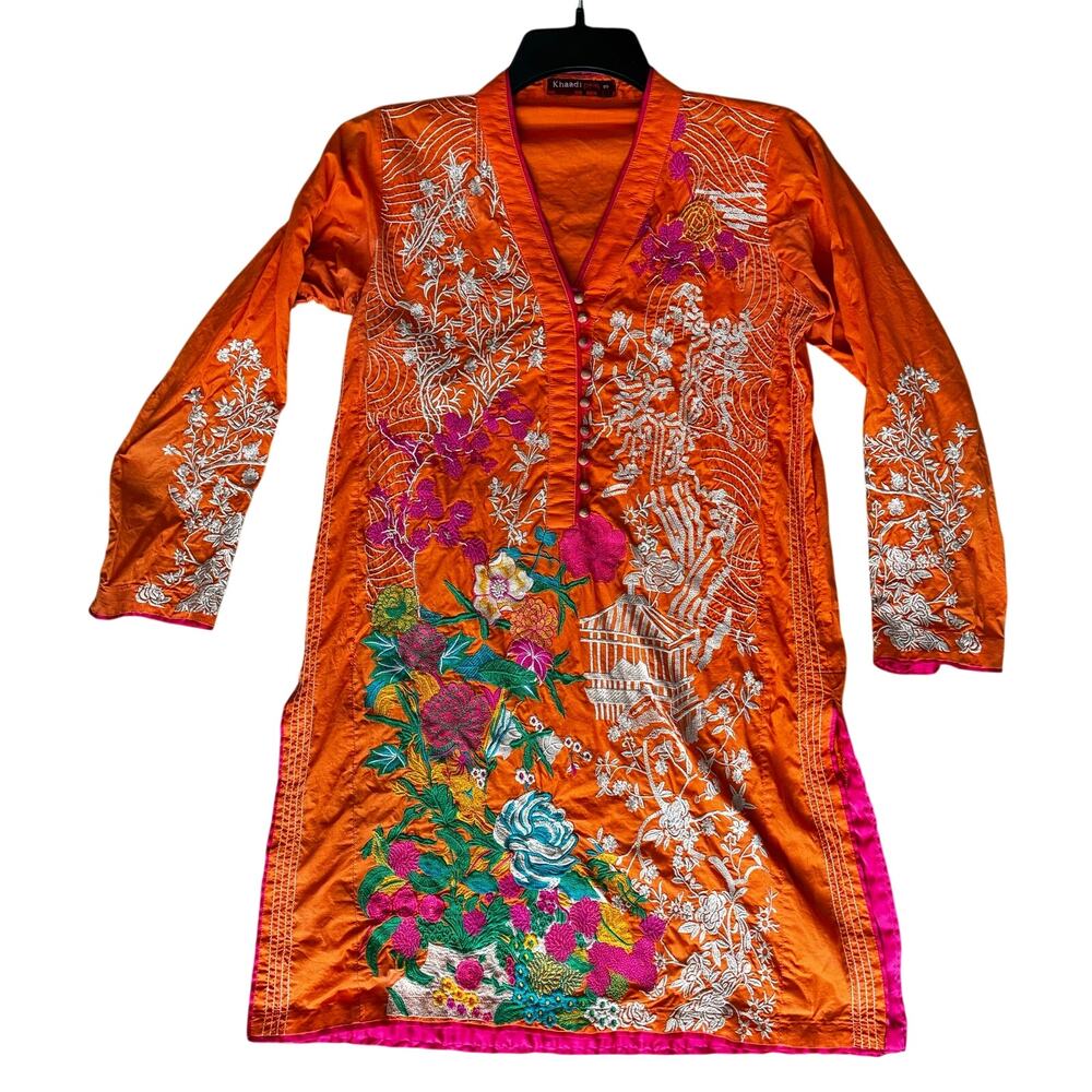 Khaadi Pret Embroidered Orange Kurta Tunic Floral Pakistani Boho Size 08